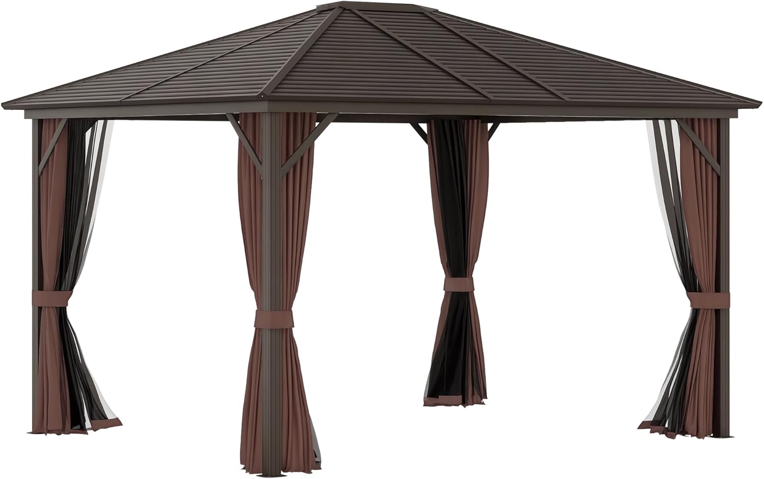 Outsunny 10' x 12' Hardtop Gazebo with Curtains and Netting, Permanent Pavilion Metal Single Roof Gazebo Canopy with Aluminum Frame and Hooks, for Garden, Patio, Backyard, Coffee Brown