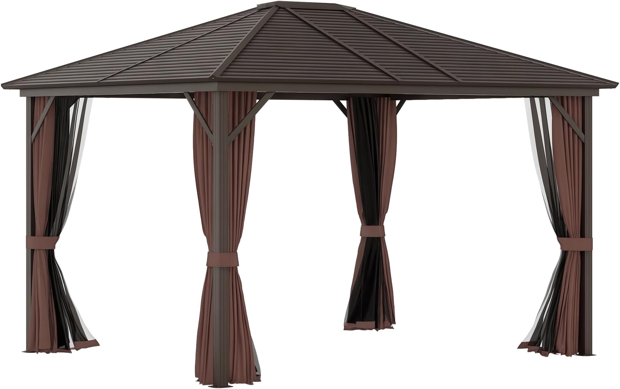 10' x 12' Hardtop Gazebo with Curtains and Netting, Permanent Pavilion Metal Single Roof Gazebo Canopy with Aluminum Frame and Hooks, for Garden, Patio, Backyard, Coffee Brown
