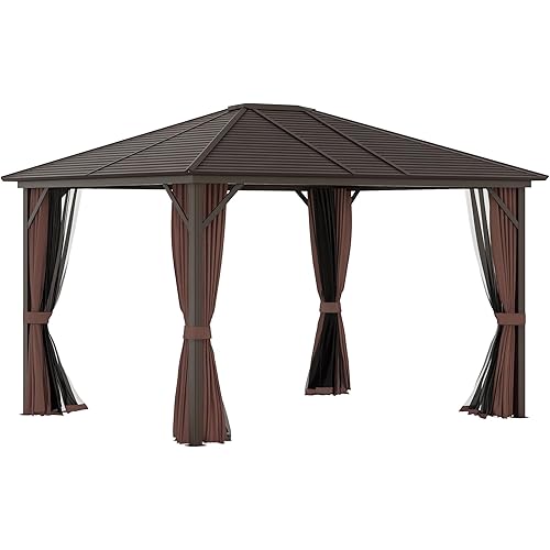 Outsunny 10' x 12' Hardtop Gazebo with Curtains and Netting, Permanent Pavilion Metal Single Roof Gazebo Canopy with Aluminum Frame and Hooks, for Garden, Patio, Backyard, Coffee Brown