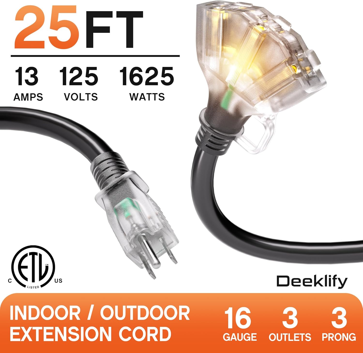 25 ft 16/3 awg 3 Outlet Extension Cord Splitter with Indicator, Waterproof Outdoor Extension Cord with Multiple Outlets, 13A 1625W for Home & Workshop, ETL Listed, Black SJTW