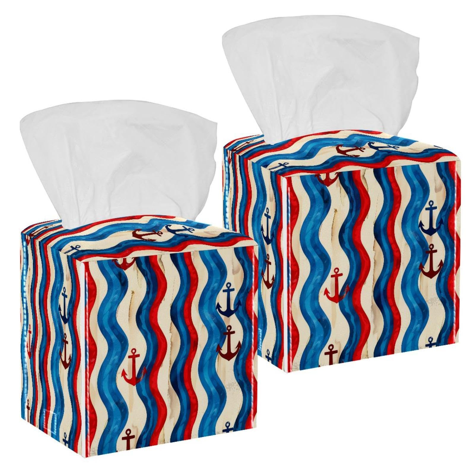 Wave Stripes Anchor Tissue Box Cover, 2 Pack PU Leather Square Facial Tissue Dispenser Box holder for Home Office Car