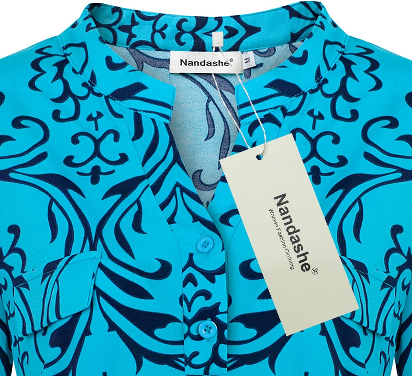 Nandashe Womens 3/4 Roll Sleeve Shirt V Neck Button Down Blouse Loose Tunic Tops