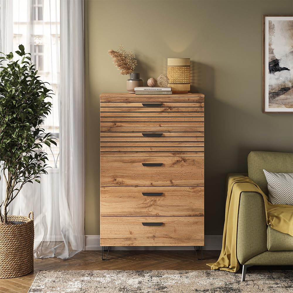 Vicco Cassettiera per camera da letto Amber, Quercia Wotan, 80 x 127.6 cm con 5 cassetti, con vano portaoggetti per spazio aggiuntivo
