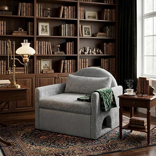 Eafurn 36.2" Oversized Chenille Accent Chair, Modern Armchair Single Lounge Sofa Chair, Extra Wide Deep Seat Reading Chair Leisure Armchair w/Cat Nest and Lumbar Pillow for Living Room