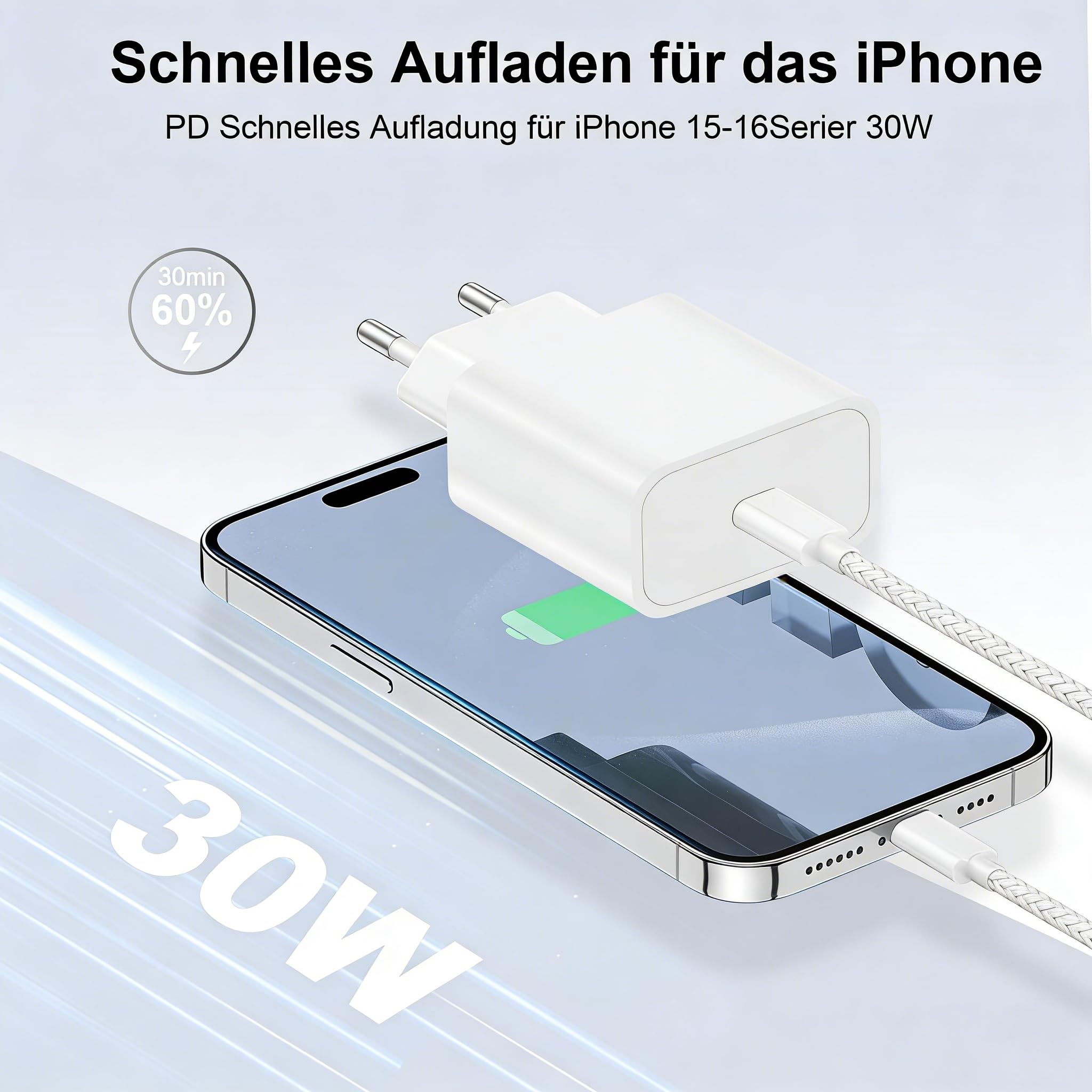 Ładowarka USB-C 30 W, szybka ładowarka USB-C z kablem PD o długości 2 m, nylonowy kabel USB typu C do iPhone'a 17, 16, 15 Pro Max Plus, iPada, Samsunga Galaxy S25 i S24, ładowarka USB-C z kablem