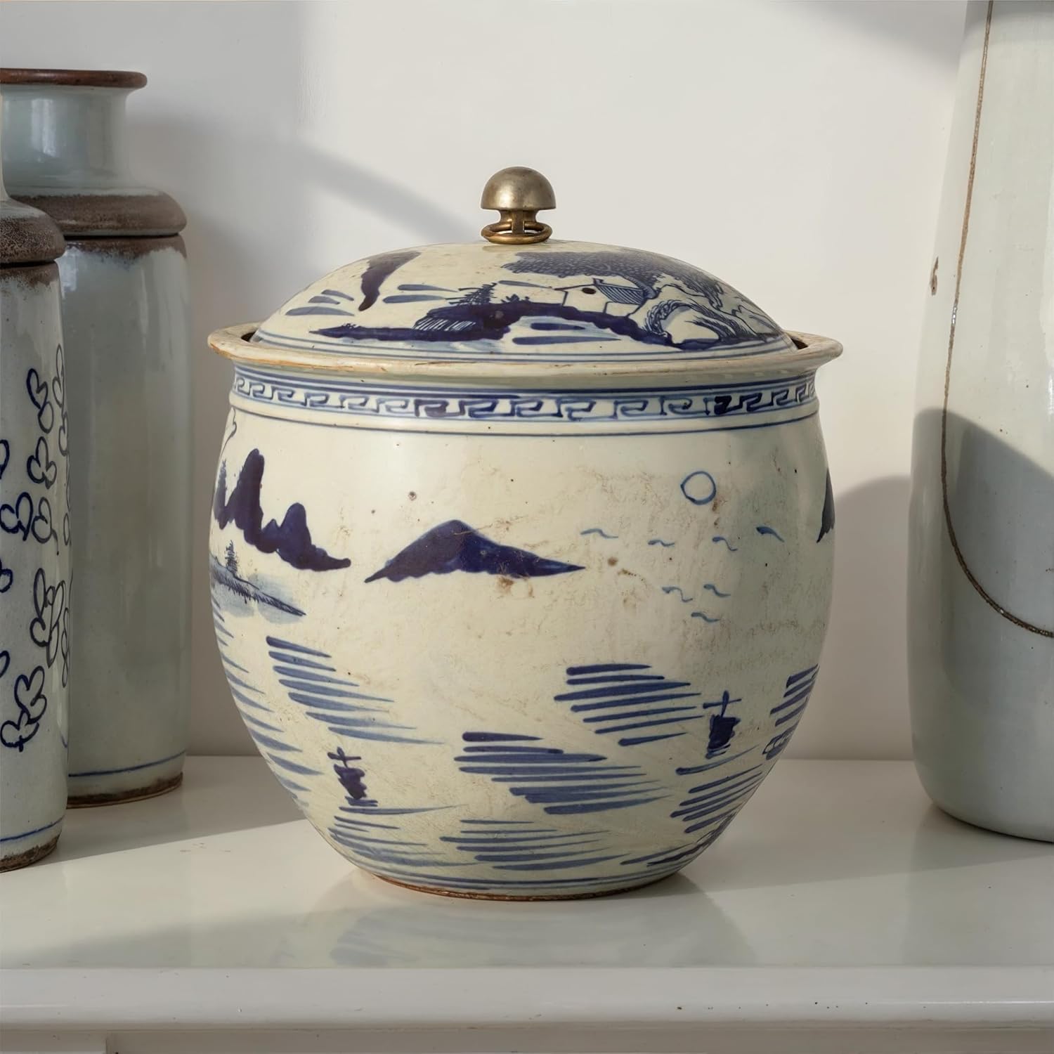 Creative Co-Op Hand-Painted Stoneware Vintage Reproduction Ginger Jar with Landscape & Brass Ring, Blue & White