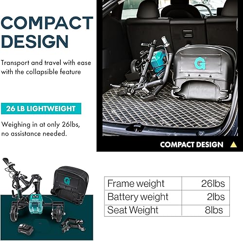 Miniatura 5 de G Scooter de movilidad – 3 ruedas, marco de aluminio plegable de 35 libras, reposapiés antipunta, incluye (1) batería de iones de litio de 48 V 2 Ah