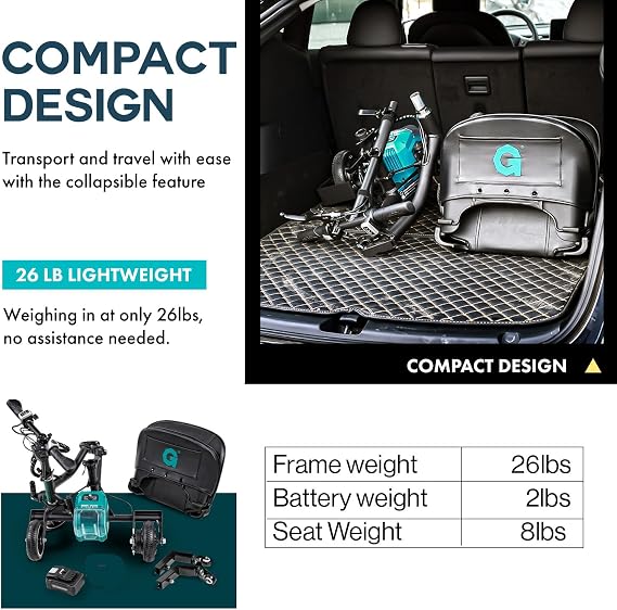 G Mobility Scooter 3 Wheels, 35 lb Folding Aluminum Frame, Anti-Tip Footrests, Includes (1) 48V 2Ah Li-Ion Battery and Charger, Supports 275 lbs, Airline Friendly