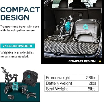 G Mobility Scooter 3 Wheels, 35 lb Folding Aluminum Frame, Anti-Tip Footrests, Includes (1) 48V 2Ah Li-Ion Battery and Charger, Supports 275 lbs, Airline Friendly