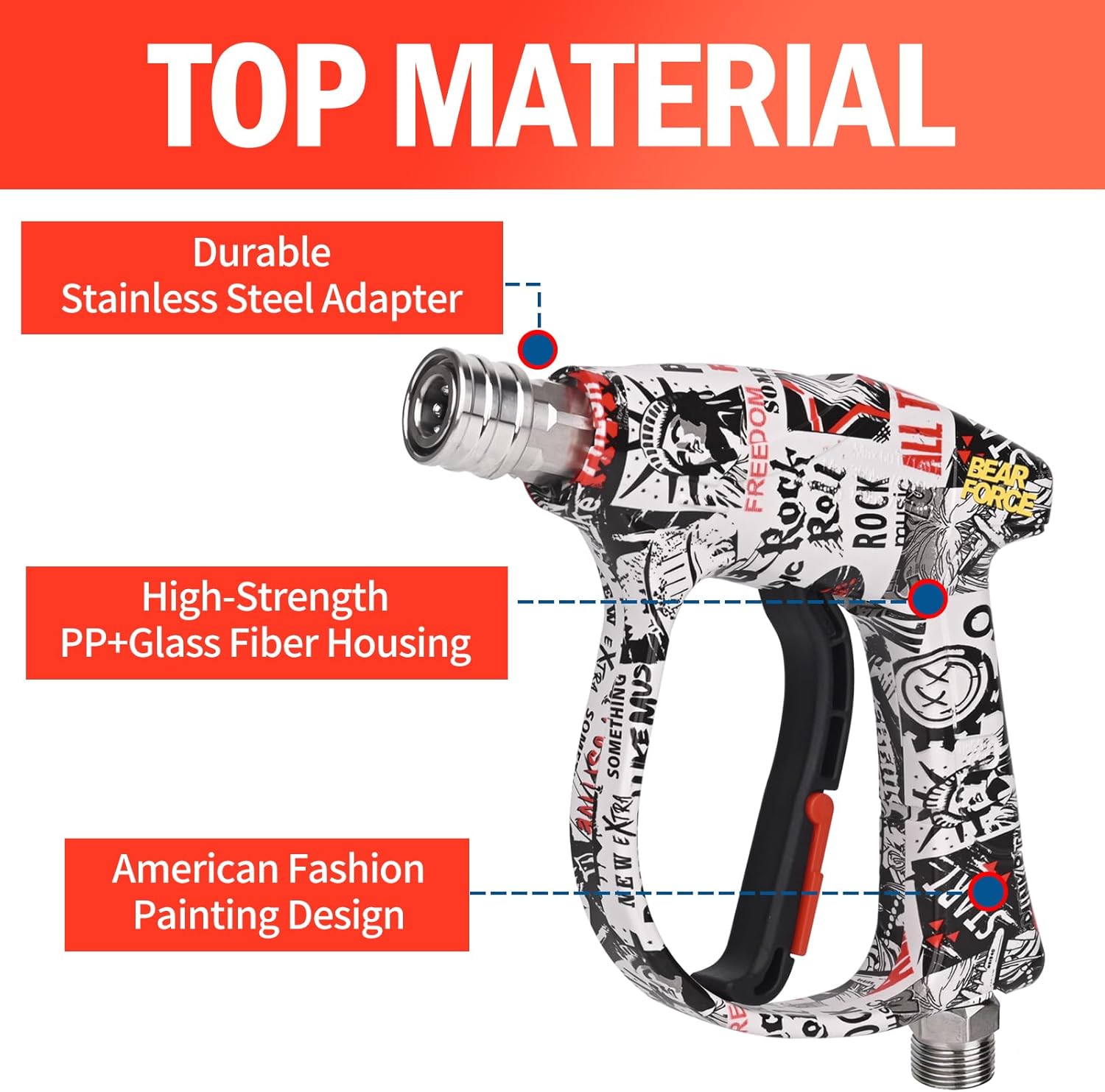Bear Force High Pressure Washer Gun 3000 PSI Max, Power Washer Short Gun M22-ID14mm with 1/4“ Quick Connector, Car Wash, Car Cleaning, Car Care Detailing