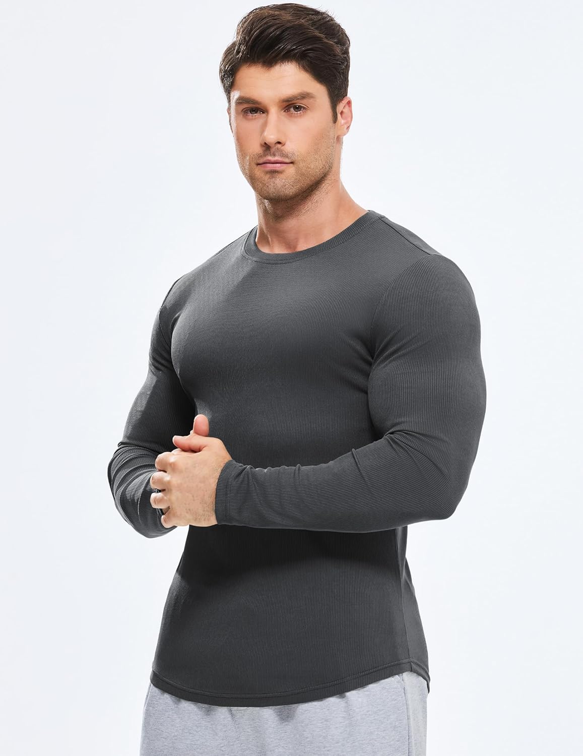 JMIERR Mens Fall Crewneck Shirt Long Sleeve Anti-Wrinkle Casual Muscle T Shirts Longline Ribbed Shirts - Image 3