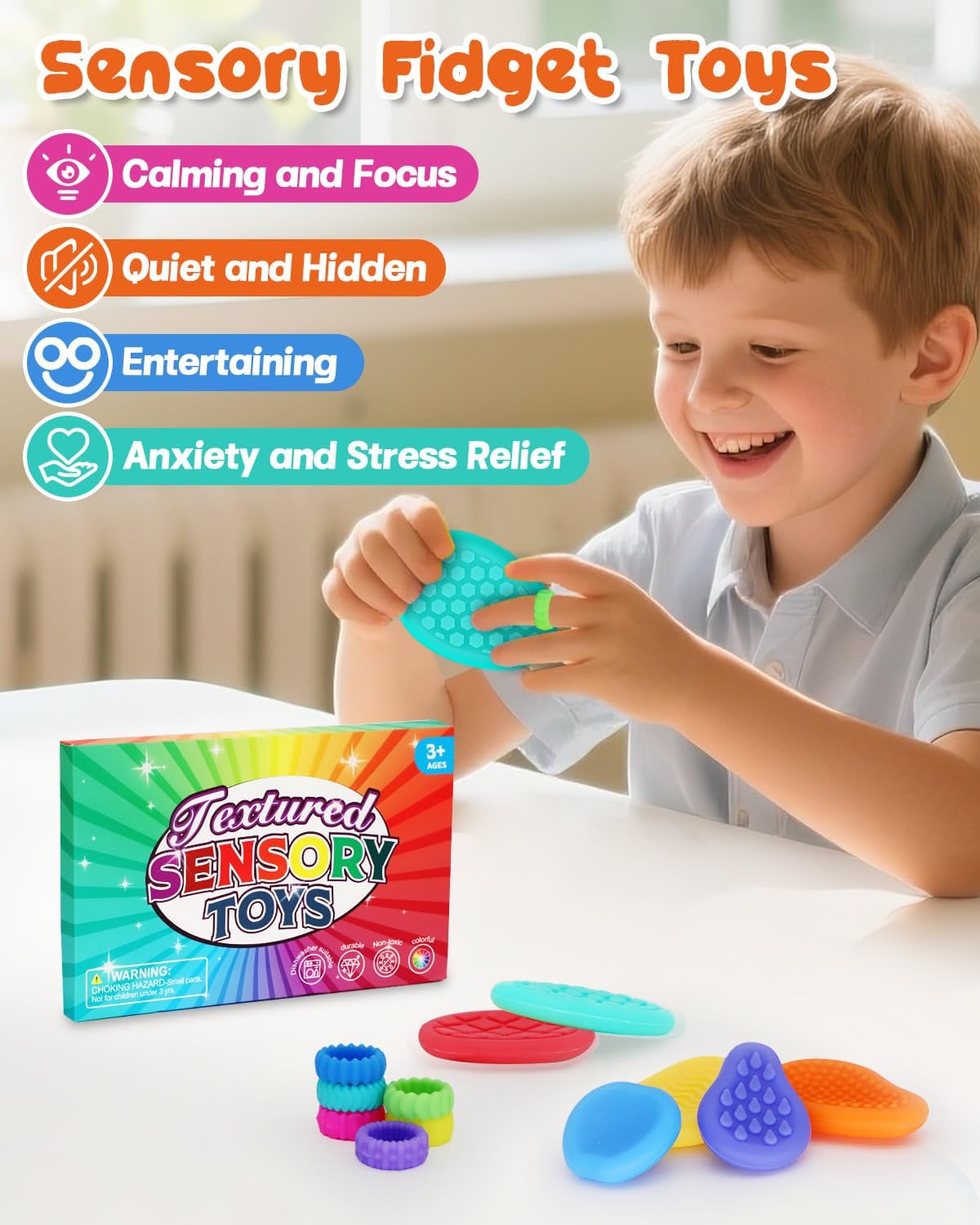 Fidget Sensory Stone Toys for Kids & Adults, 12 Pack Soft Textured Worry Stone & Ring, Calming Tools for Autism ADHD Anxiety Relief, Quiet Stress Relief Toy, Party Favor or Basket Stuffer Gift