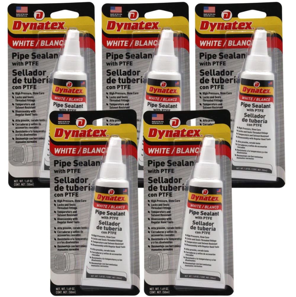 Dynatex Pipe Sealant w/PTFE 1.69 oz Bottle - Anaerobic, Disassembly with Hand Tools, Aluminum Steel Brass, Temperature & Solvent Resistant (5-Pack)