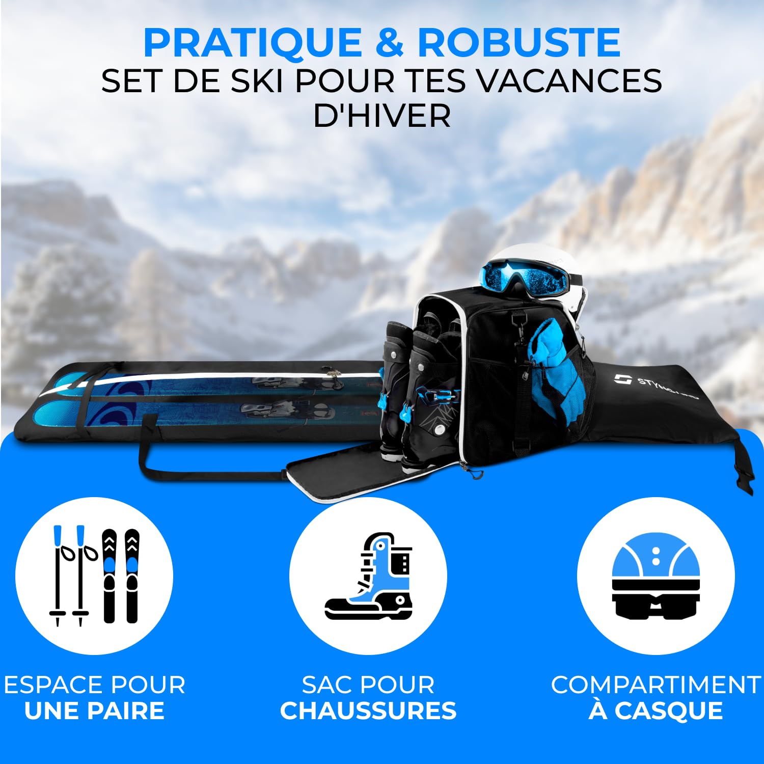 STYNGARD Set Housse à Skis [140 cm à 200 cm] et Sac à Chaussures de Ski avec Compartiment pour Casque [40 L] Housse Ski et Chaussures avec Grille d'aération Modèle Vancouver