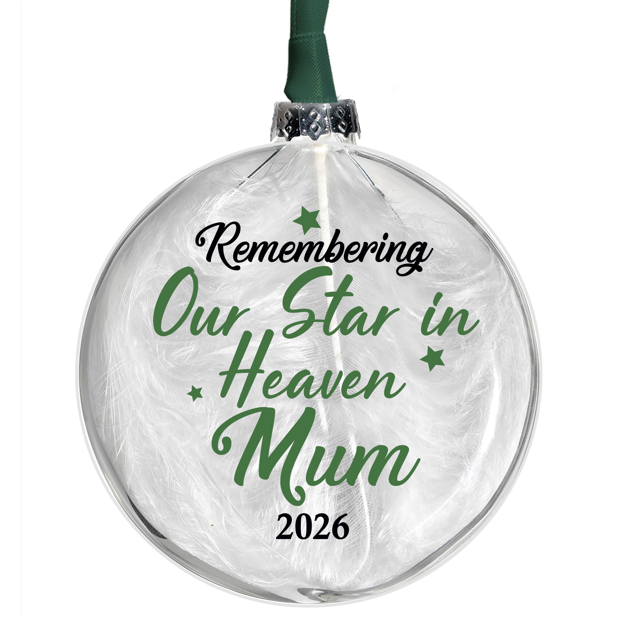 Personalised Memorial Bauble Glass In 10 Colours Filled With White Feather Remembering Our Star in Heaven Glass Christmas Tree Decoration (Green)