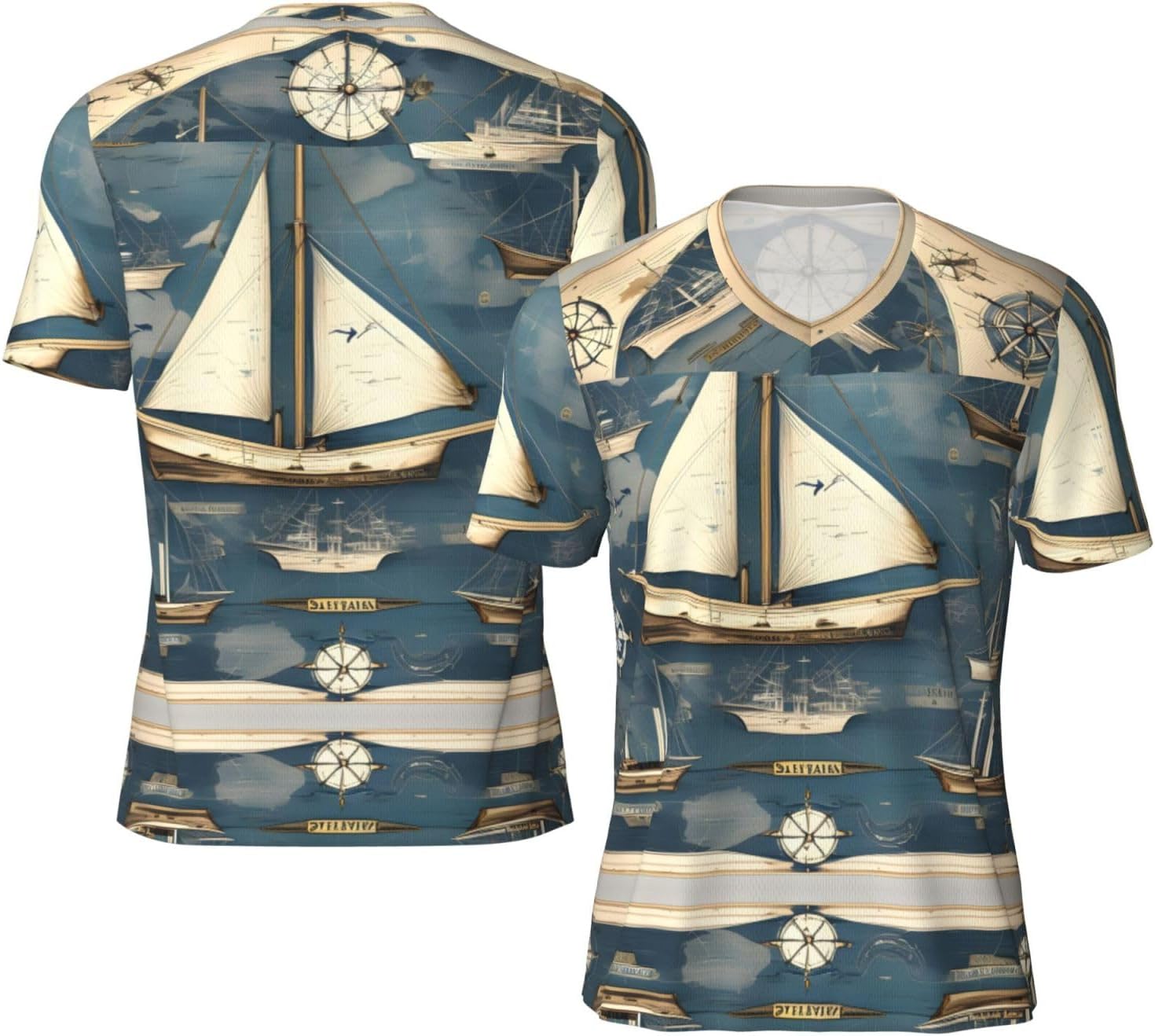 Nautical Sailboat Map Rugby Football Jersey for Men, Comfortable V-Neck Loose Fit Top for Team Sports Athletics