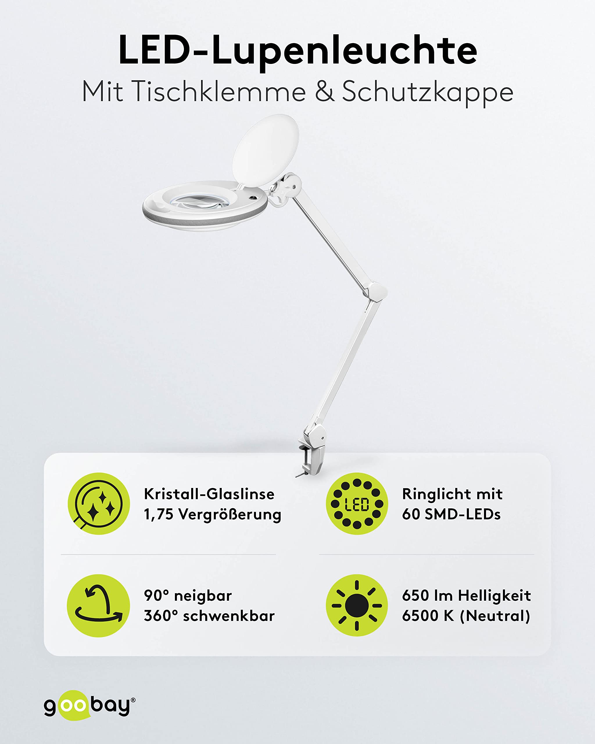 goobay 60360 LED lampa z lupą z zaciskiem/lampa z lupą z tworzywa sztucznego/pobór mocy 8 W, temperatura barwowa 6500 K/strumień świetlny 650 lm/napięcie robocze 230 V (AC) / biała