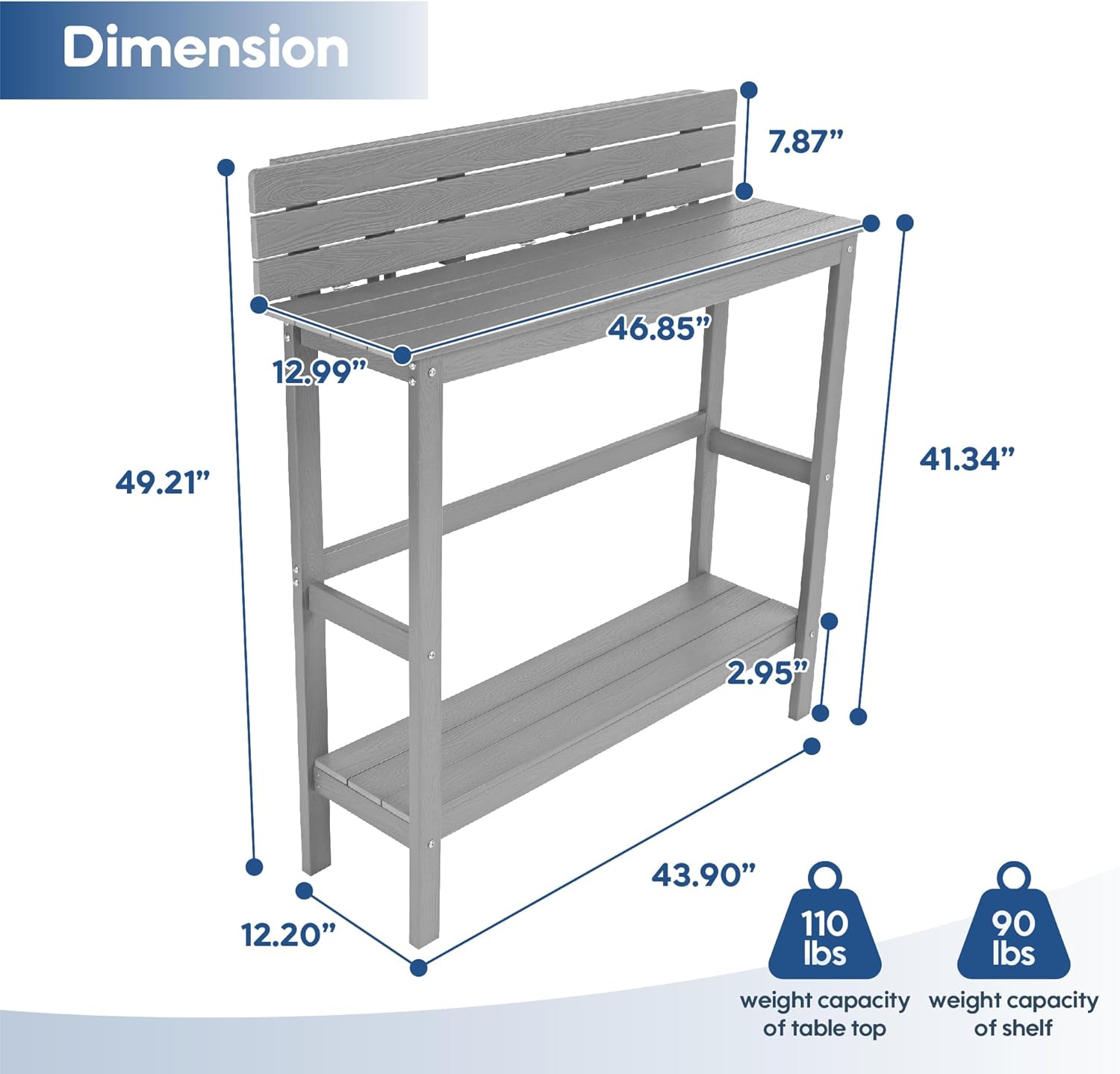 All Weather HIPS Outdoor Bar Table,47" Patio Bar Counter Height Table with Reversible Baffle,Square Patio Bar Table with Storage Shelf for Garden, Hot Tub, Yard, Balcony, Poolside