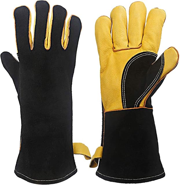 KIM YUAN Extreme Heat & Fire Resistant Gloves Leather with Kevlar Stitching,Perfect for Fireplace, Stove, Oven, Grill, Welding, BBQ, Mig, Pot Holder, Animal Handling, Black-Yellow 14inches/36cm 1 Pair