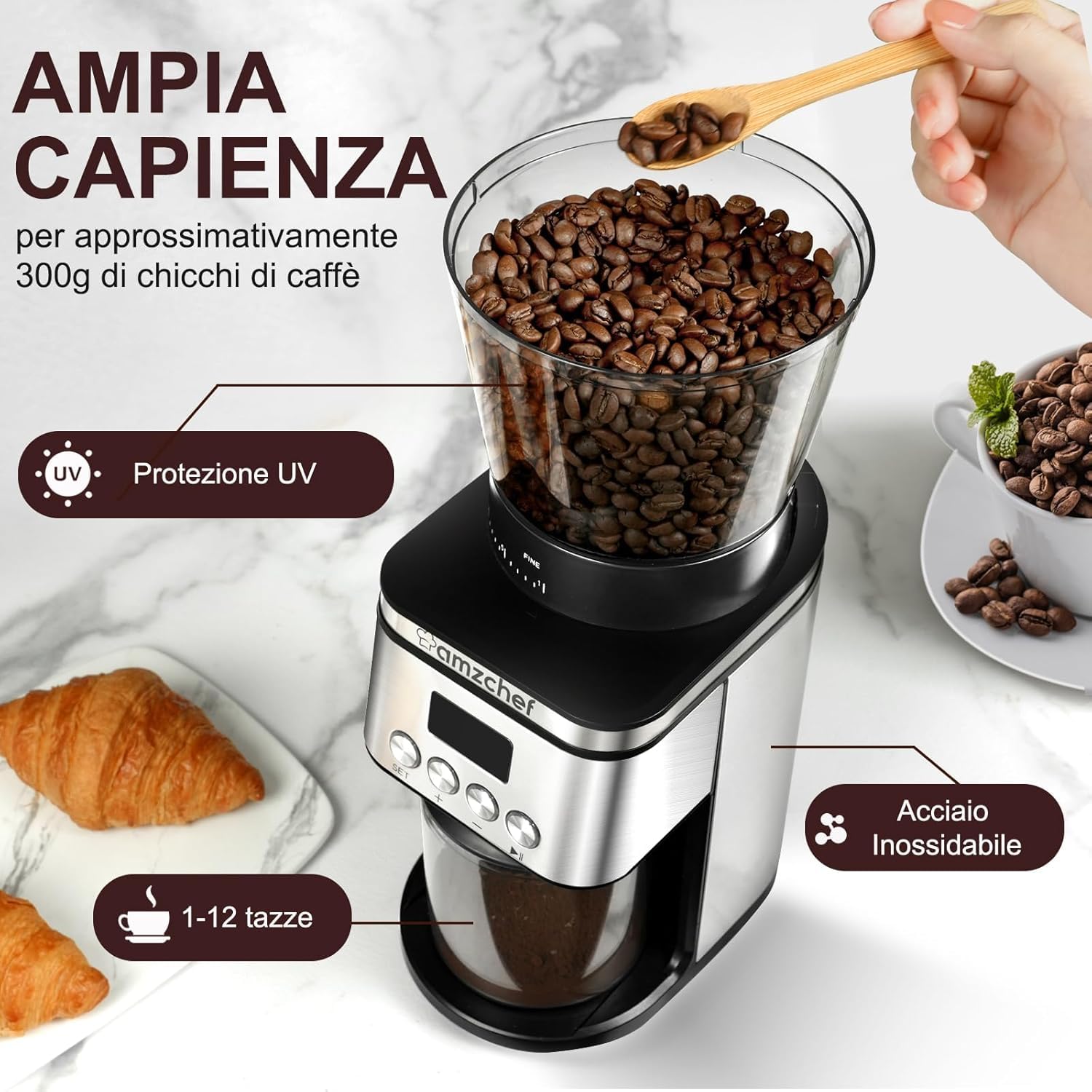 AMZCHEF Macinacaffè elettrico regolabile con 30 livelli di macinacaffè elettrico per macchina da caffè professionale, con display LCD e timer digitale