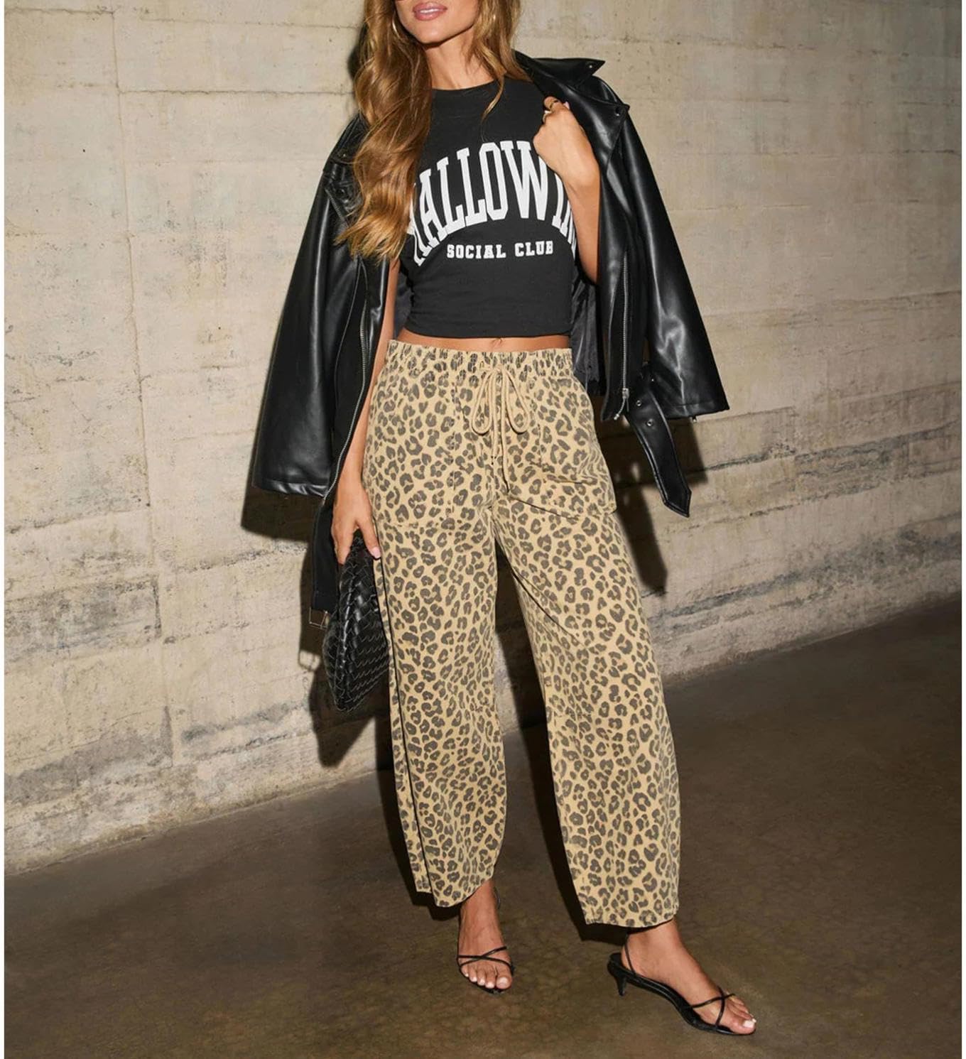 watersouprty Barrel Jeans for Women Trendy High Waisted Drawstring Wide Leg Cropped Leopard Cheetah Print Denim Pants