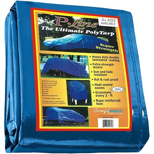 P-LINE Large Blue Tarp Cover – Outdoor Tarp for Pools, Boats, Cars and Trucks – Waterproof Tarp Cover – Heavy-Duty Poly Tarp with Grommets for Secured Tie-Down – 5mil Thick (10ft x 10ft)