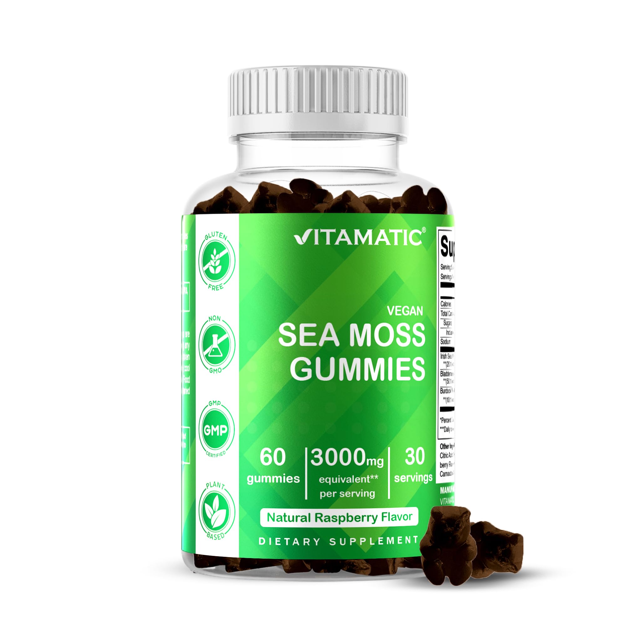 Vitamatic Irish Sea Moss Gummies – 3000mg Equivalent Per Serving – 60 Ct Made with Bladderwrack & Burdock Root – Seamoss Supplement for Thyroid, Energy & Immune Support