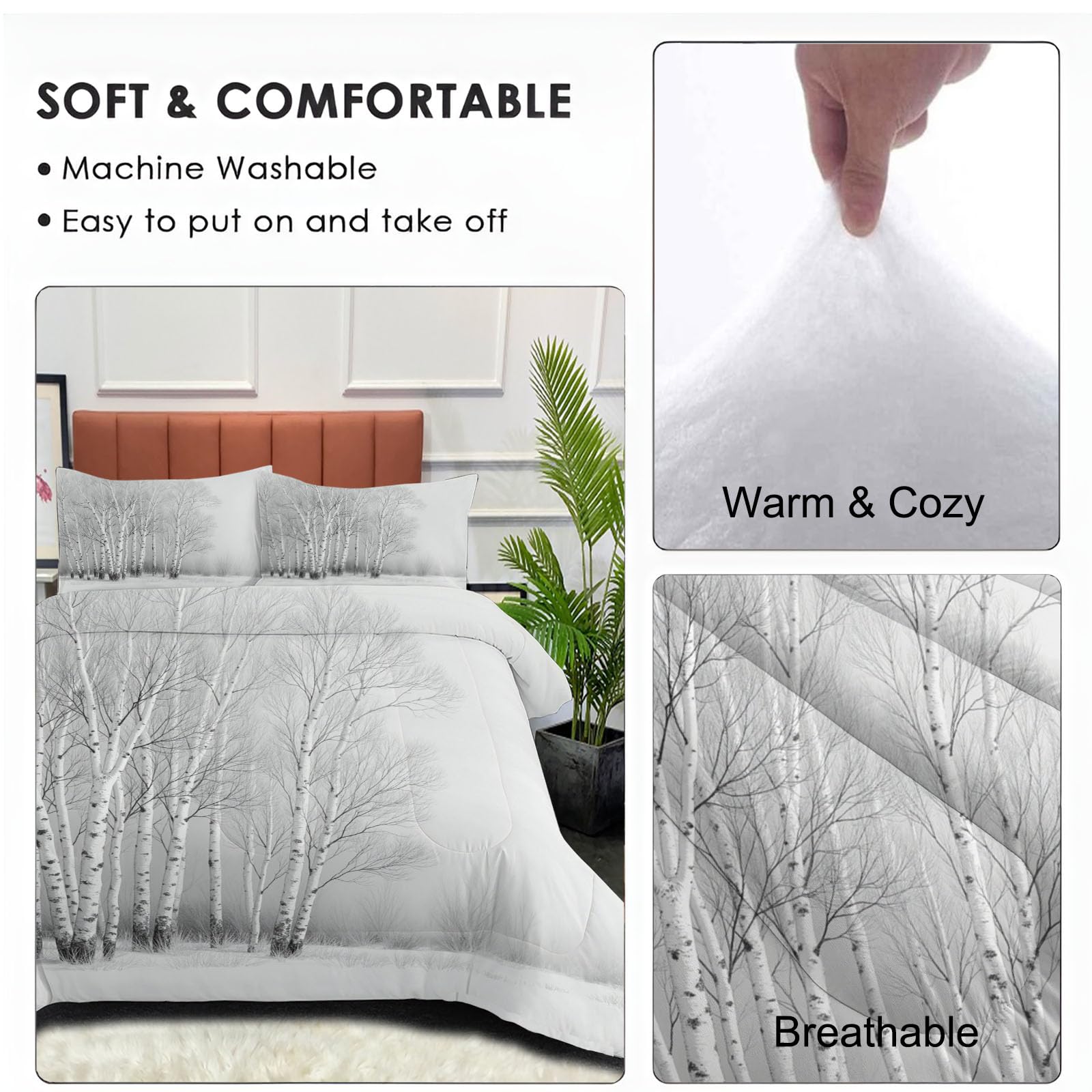 Edredón Cama 180 Abedules Juego de Edredón Reversible Bosque De Invierno Nórdico Acolchado Ligero y Cálido con Fundas para Cualquier Temporada, Gris, 260x230cm