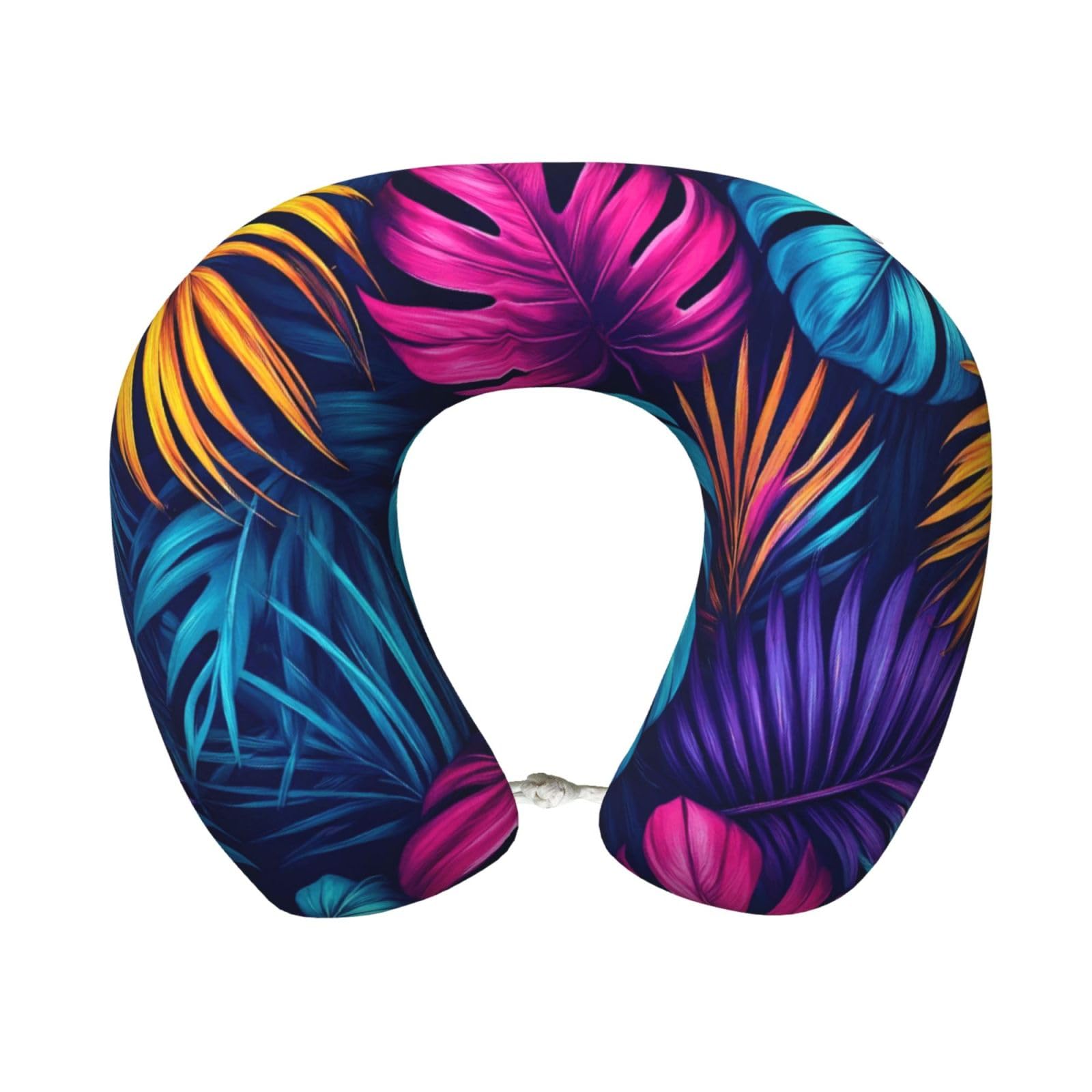 peiyeety Colorful Tropical Leaves Print Travel Pillow Memory Foam, Portable Neck Pillow for Airplane, Car and Office