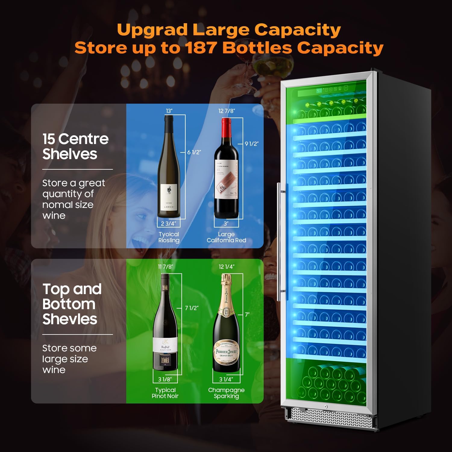 24 Inch Wine Fridge, 187 Bottle Wine Cooler Refrigerator with Glass Door Freestanding or Built-in, Tall Wine Cooler Compressor Quick Cooling&Low Noise-Kitchen Bar Office thumbnail