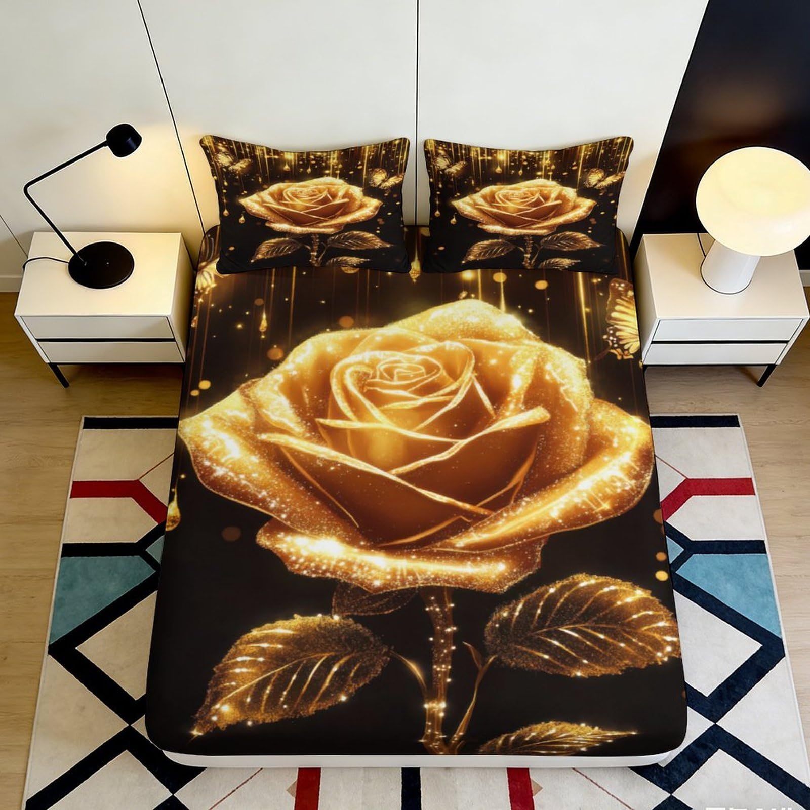 3D Printed Golden Rose Fitted Sheet Microfiber Non-Slip Deep Pocket Bedroom Bedding Golden Rose Mattress Fitted Cover Full Wrap Washable 200x200x25cm 90x200x25cm