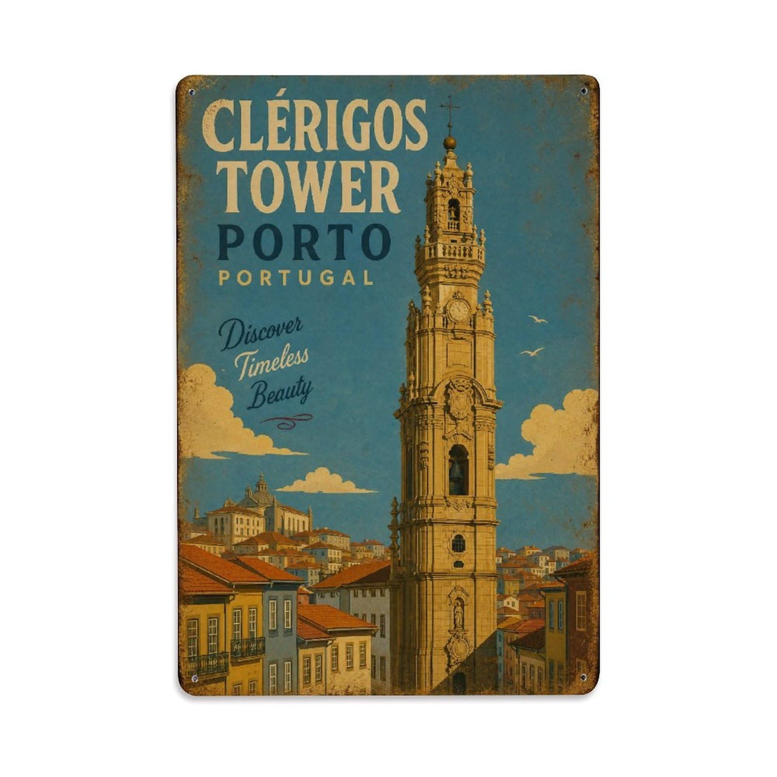 Huiyhb 8X12inch(20X30cm) Vintage Travel Clerigos Tower Landmark Historic Portugal Metal Tin Sign