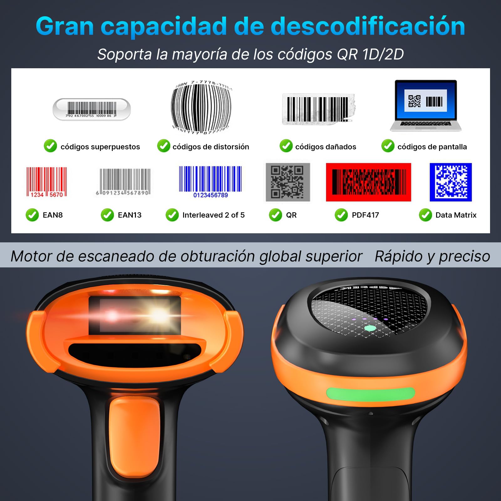 APETK Escáner de Códigos Barras 2D/QR Inalámbrico, Lector Mano con Base Carga, 100m Alcance, 20K Escaneos/Carga, para Tiendas/Almacenes
