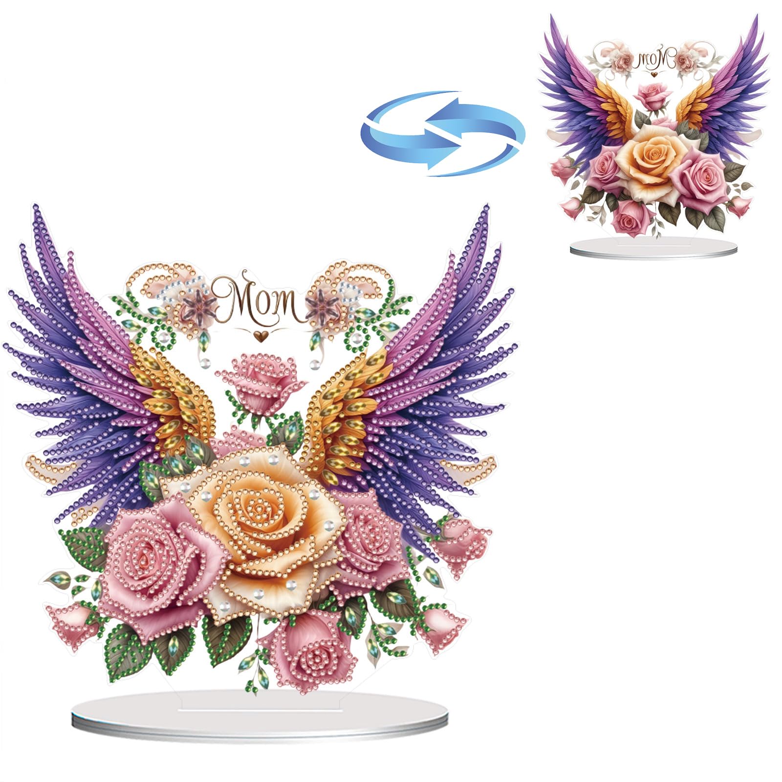 Lebartm DIY Diamond Desktop Ornament PET Irregular Shape Special Shaped Crystal Double Sided Pattern Single Sided Drill Diamond Art Painting Tabletop Ornaments Home Decor (Mother’s Day Rose Wings)