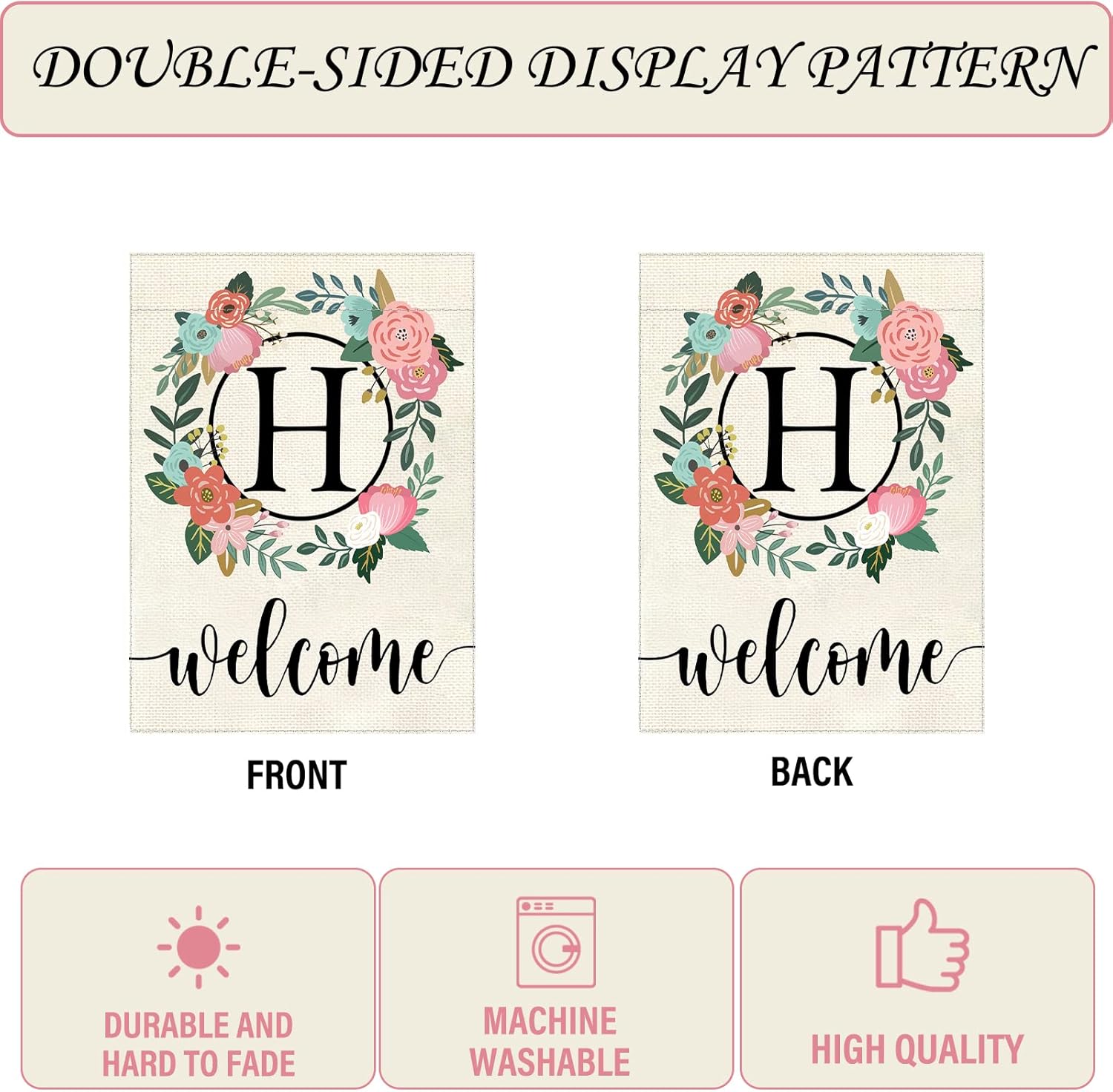 Monogram Letter Garden Flag Floral 12x18 Inch Double Sided for Outside Small Burlap Family Last Name Initial Yard Flag (H) - Image 4