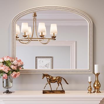 Boho Mirror for Wall, 36" x 30" Farmhouse Arched Rustic Wooden Frame Mirror with Beaded, Arch Decorative Wall Mirrors for Bathroom, Vanity, Living Room, Entryway