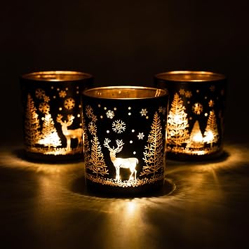 أصحاب شمعة نذري، أسود وذهبي زجاج Tealight شمعة حامل مجموعة من 3، حامل شمعة عيد الميلاد مع الأيائل، Xmax شجرة، نمط ندفة الثلج، الجدول Canterpieces للديكور حزب السنة الجديدة