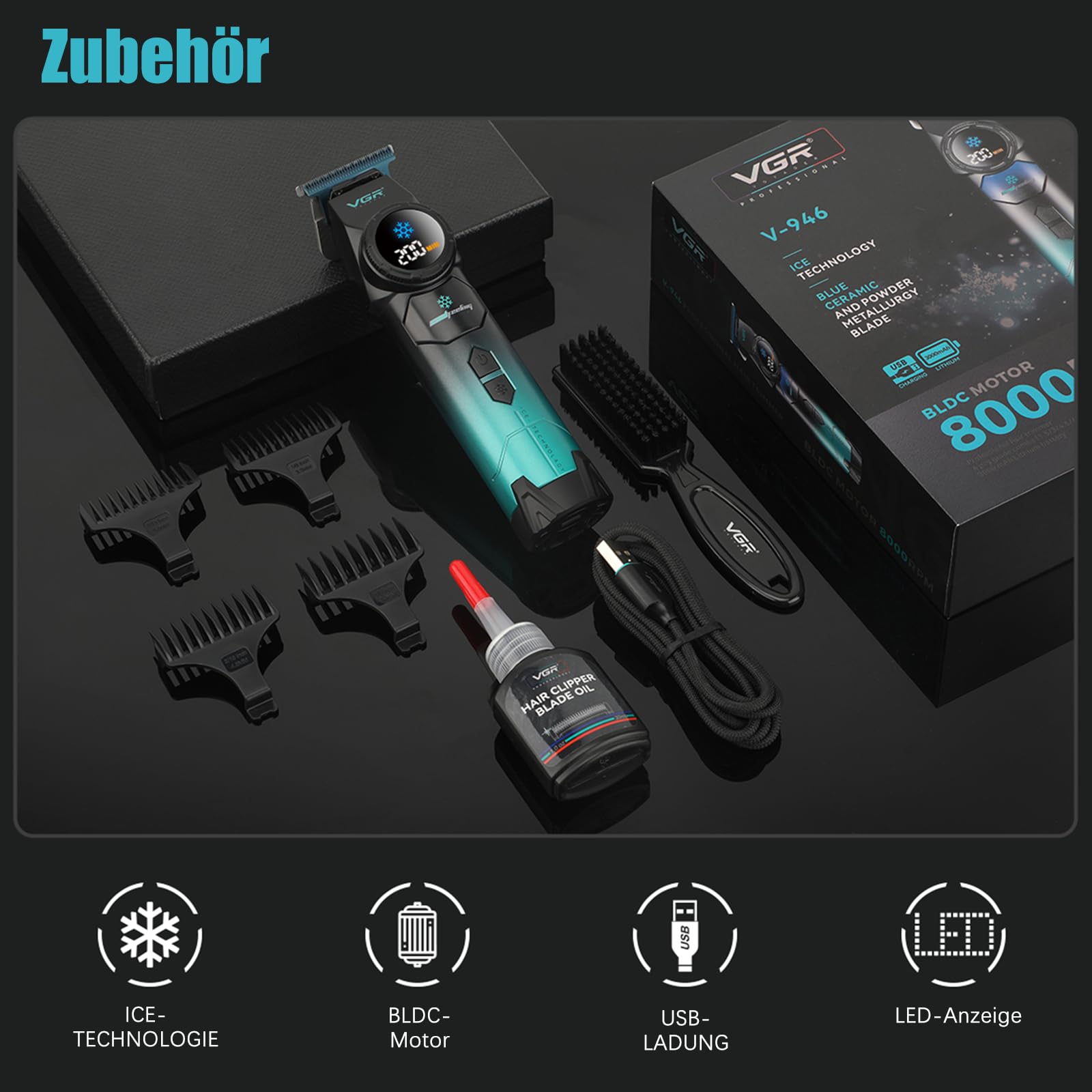VGR 946 Haarschneidemaschine Profi für Männer, Kabelloser Trimmer Herren | Klinge Aus Blauem Keramikpulvermetallurgisch und Kühlfunktion, Haartrimmer Herren mit 8000 U/Min Motor und LED Display