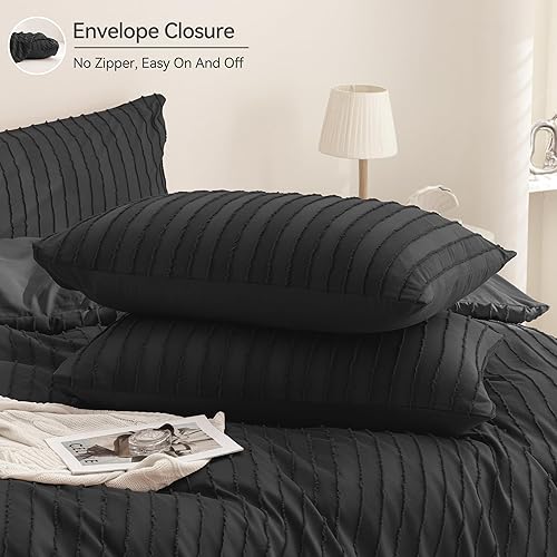 Miniatura 7 de JELLYMONI - Juego de funda de edredón de microfibra tamaño queen color negro de 3 piezas, reversible, textura capitoné a rayas bohemias con lazos en