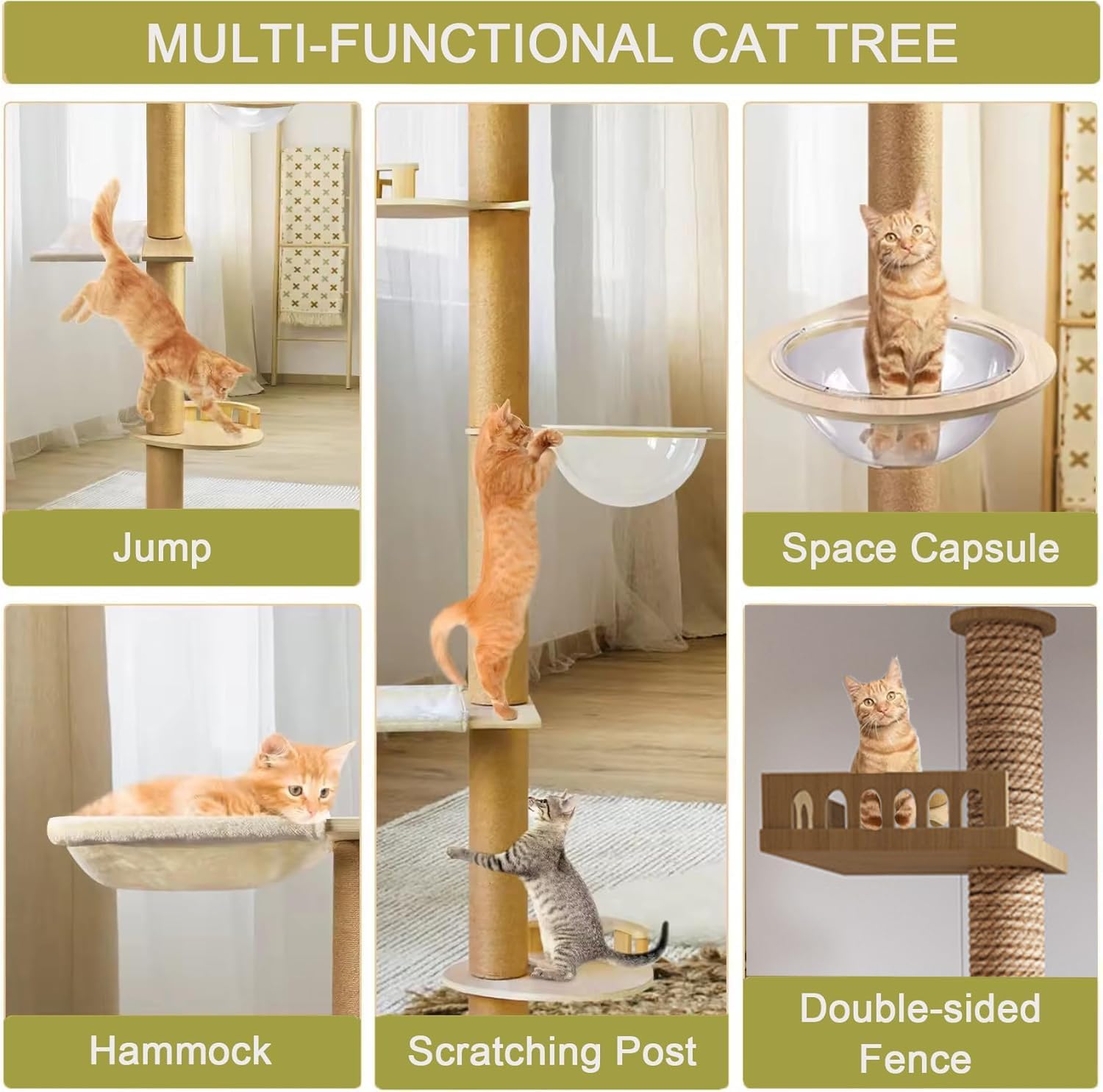Floor to Ceiling cat Tree - Adjustable Height (95-98in,104.3-108.2in)- with Width 4.33 in Scratching Post,Cat Hammock,Fully Wrapped with sisal Rope - Floor to Ceiling Cat Tower for Indoor Cats.(T04)