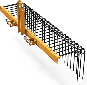 YITAMOTOR 60" Durable Powder Coated Steel Pine Straw Rake Steel Spring Landscape Rake Attaches to Cat-0 Cat-1,3 Point Hitch for Tractor, Yellow