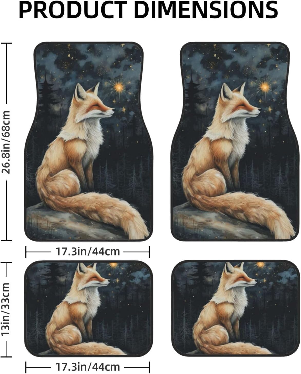 Artistic Fabric Car Floor Mats-Fox,Non-Slip Rubber Backing,Front (26.8x17.3in) & Rear (13x17.3in) Set - Water Absorbing, Durable Automotive Floor Liners with Stylish Patterns