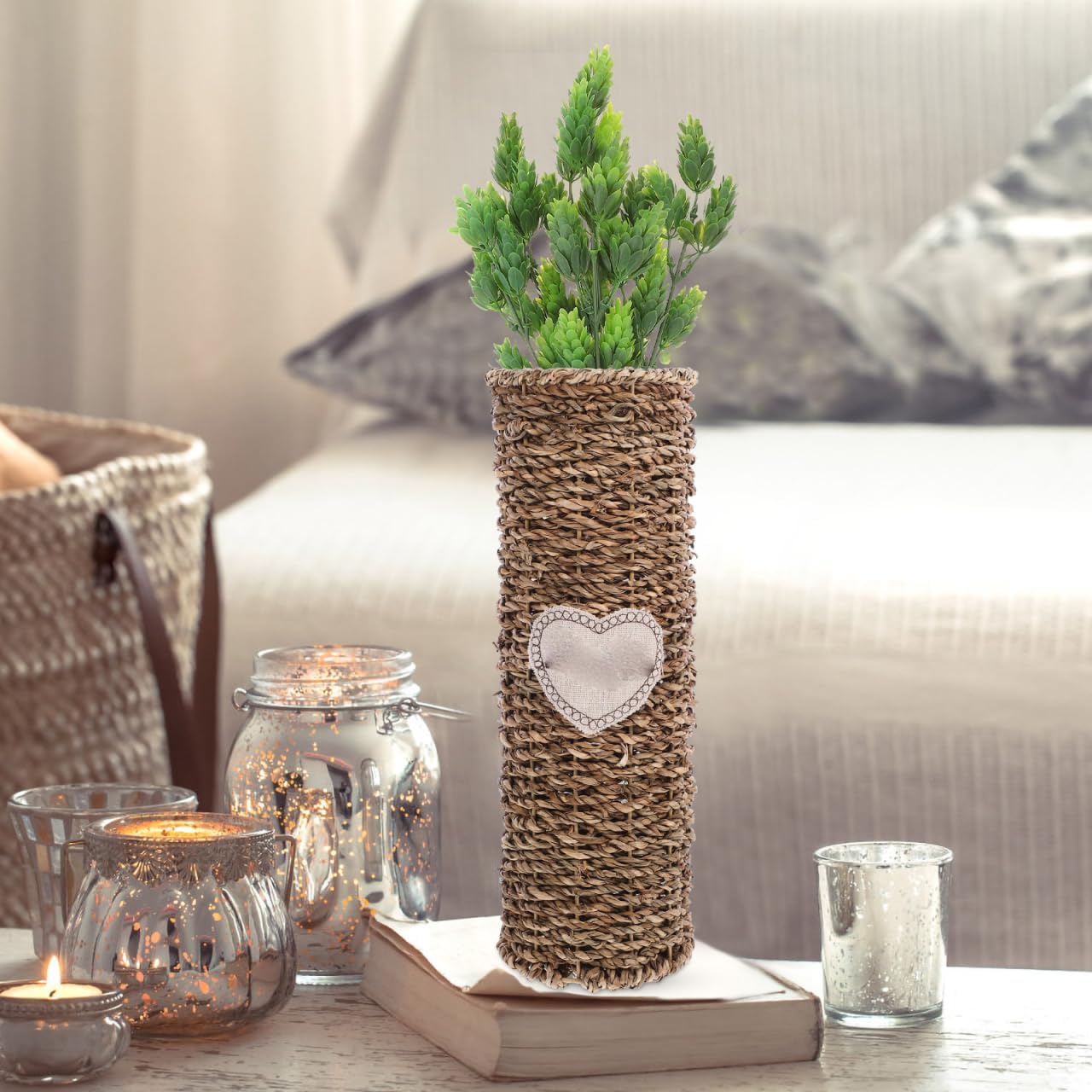 Wakauto Handmade Rattan Vase,Natural Woven Container Desktop Planter Holder for Home Decor Elegant Decorative Flower Holder for Dried and Artificial Flowers