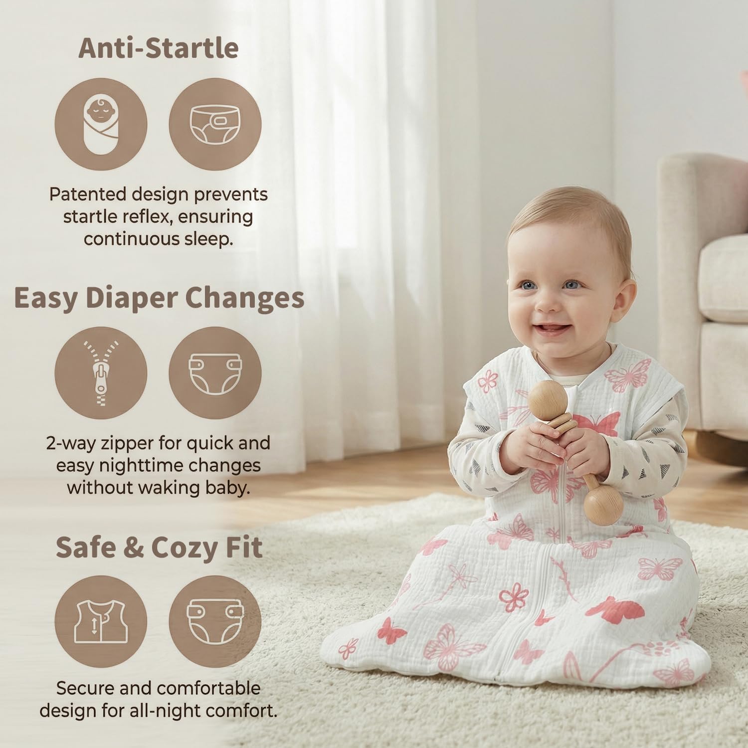 BSTOPPT 2 Pack Baby Sleep Sack 12-18 Months 100% Organic Cotton Muslin Baby Sleeping Bag 2-Way Zipper Wearable Blankets TOG 0.3 (Gray & Pink Butterfly, Large)