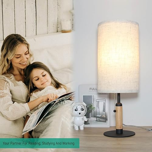 Miniatura 8 de PSDSSHIIS 3-Color Temperatures Bedside Table Lamp for Nightstand Living Room Lamps for Bedroom Wood Fabric Pull Chain Switch Small Desk Lamps Home