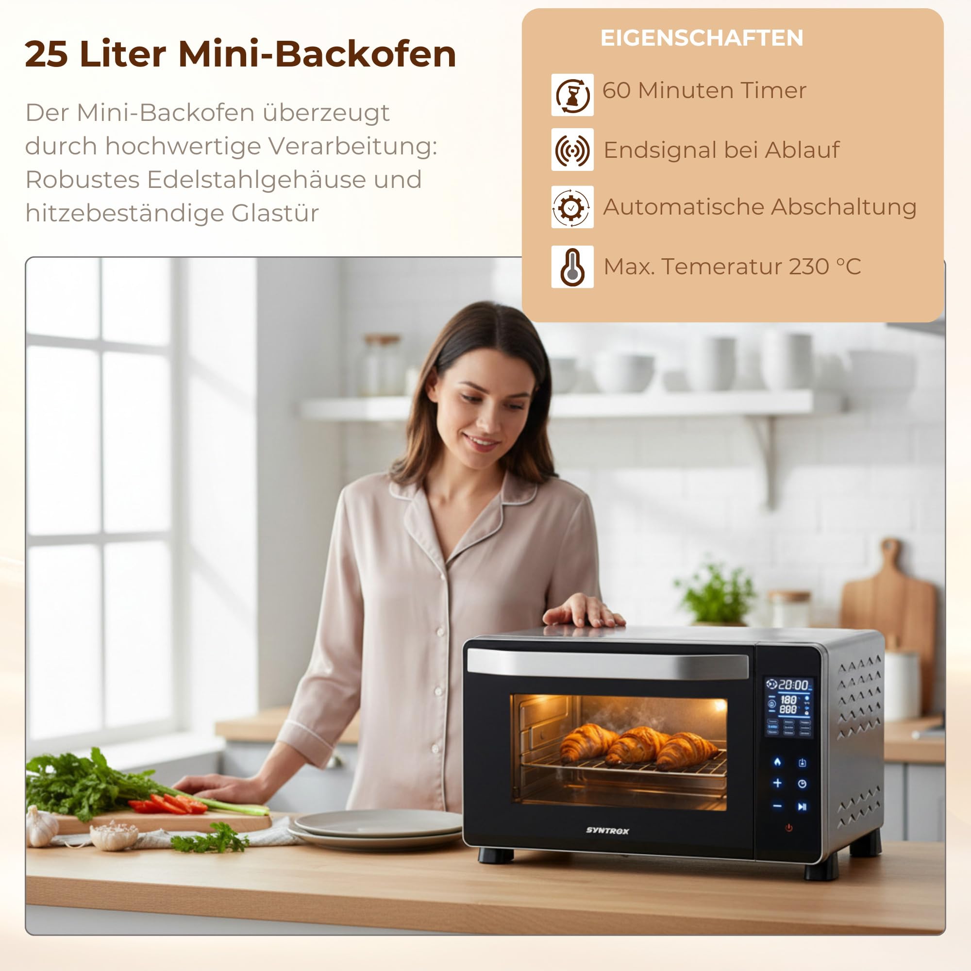 Syntrox Germany 25 l Touch Mini Backofen Saltillo | Miniofen | Pizzaofen | Pizzabackofen, 25 Liter, Edelstahl, 1500W, inklusive Zubehör, für kleine Küchen
