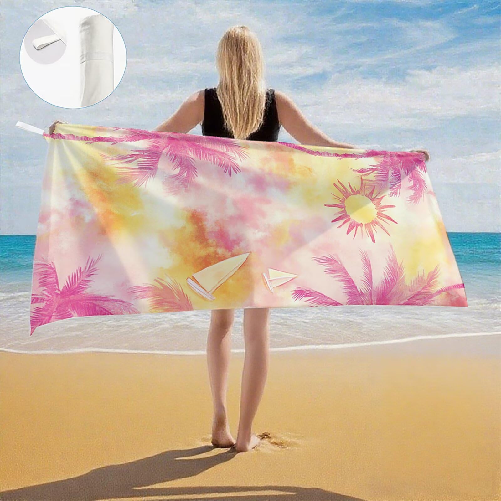 Serviette Plage Rose Motif, Serviette de Plage XXL 90x180 cm avec Sac, Serviettes de Bain Microfibre Séchage Rapide Anti-Sable Absorbante Fonction pour Bain, Sport, Voyages, Sauna, Piscine Q-793