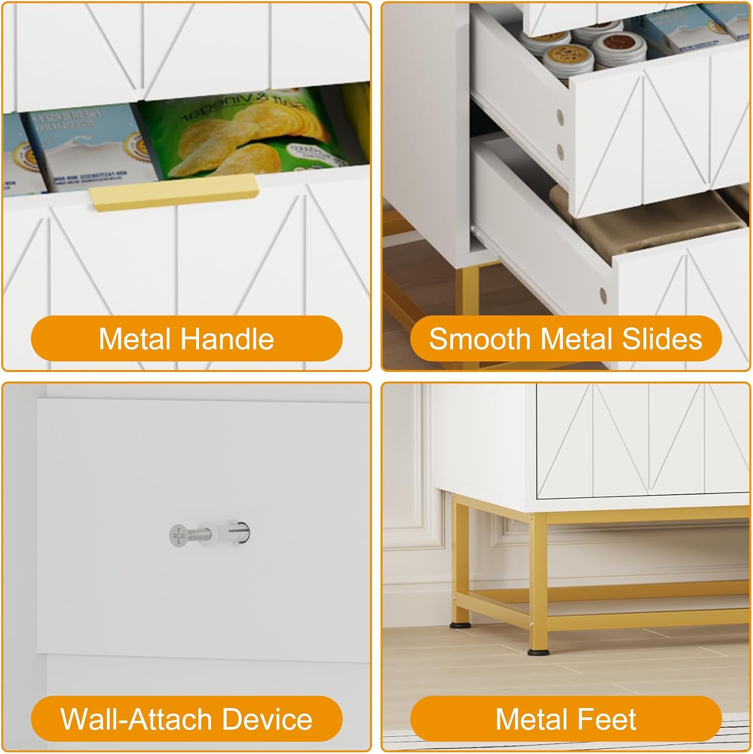 Close-up images of dresser components: metal handle, smooth metal slides, wall-attach device, and metal feet.