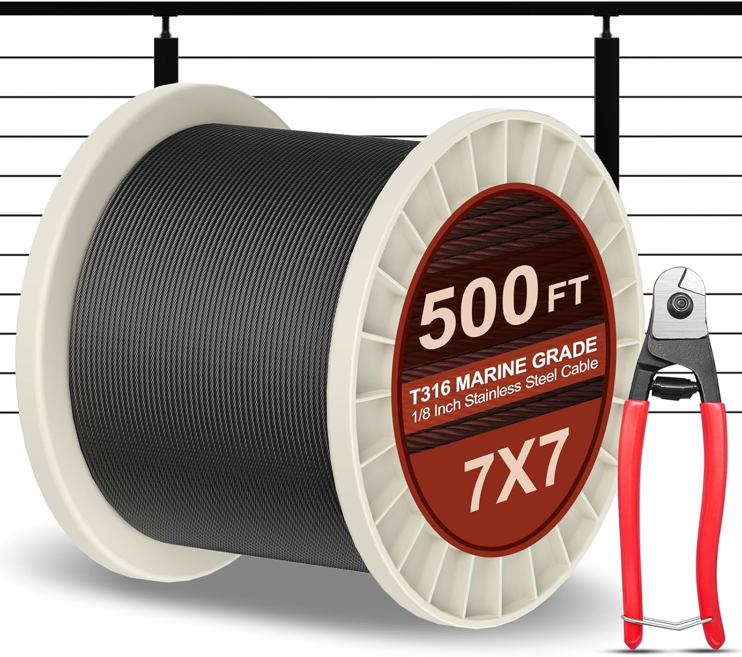 BLIKA 1/8" Black Stainless Steel Cable with Cutter, T316 Marine Grade, Stainless Steel Wire Rope 7x7 Strand Construction, 1850lbs Breaking Strength Aircraft Cable for Deck Railing