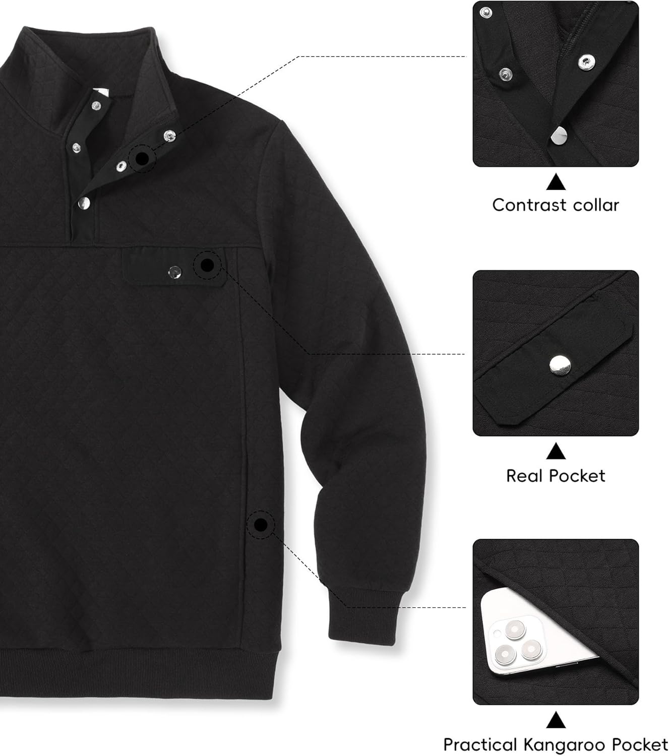COOFANDY Quilted Sweatshirts for Men Quarter Button Pullover Sweatshirt Stand Collar Outdoor Polo with Pockets - Image 5
